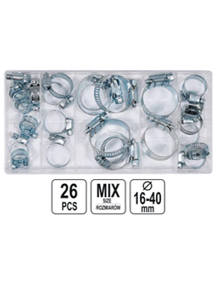DISPLAY DE 6 MEDIDAS DE ABRAZADERAS CON PERNOS 26 PIEZAS Caja abrazadera de acero con perno ajuste medidas diametro 8 x 16 mm/ 6 x 22 mm/ 4 x 25 mm/ 2 x 28 mm/ 2 x 35 mm/ 4 x 40 mm