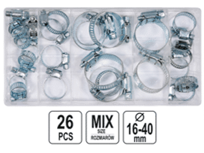 DISPLAY DE 6 MEDIDAS DE ABRAZADERAS CON PERNOS 26 PIEZAS Caja abrazadera de acero con perno ajuste medidas diametro 8 x 16 mm/ 6 x 22 mm/ 4 x 25 mm/ 2 x 28 mm/ 2 x 35 mm/ 4 x 40 mm