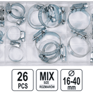 DISPLAY DE 6 MEDIDAS DE ABRAZADERAS CON PERNOS 26 PIEZAS Caja abrazadera de acero con perno ajuste medidas diametro 8 x 16 mm/ 6 x 22 mm/ 4 x 25 mm/ 2 x 28 mm/ 2 x 35 mm/ 4 x 40 mm
