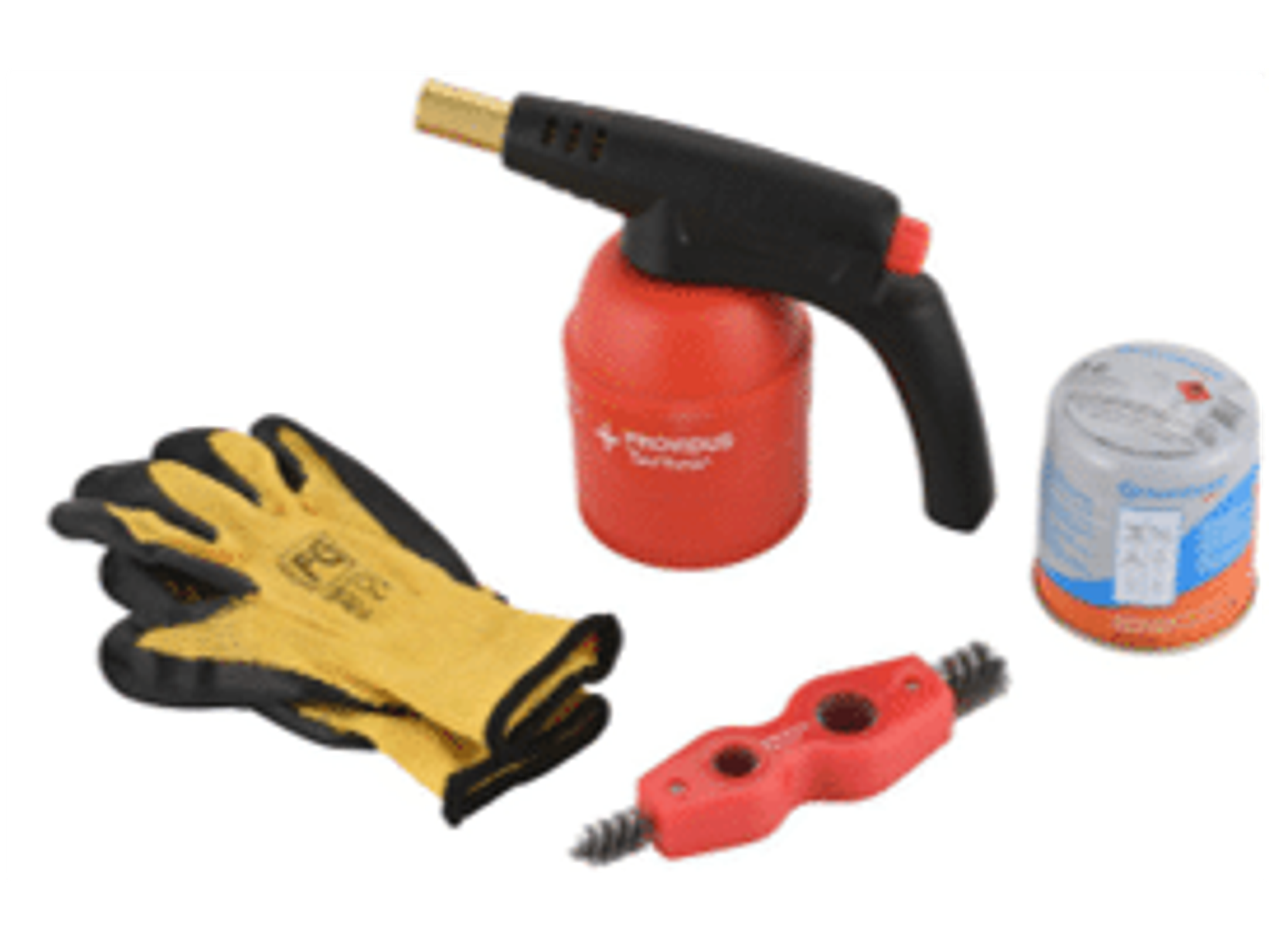 Kit de Trabajo como Soldador, modelo PG-900, incluye un soplete, un gas, un par de guantes para protección y una escobilla de limpieza.