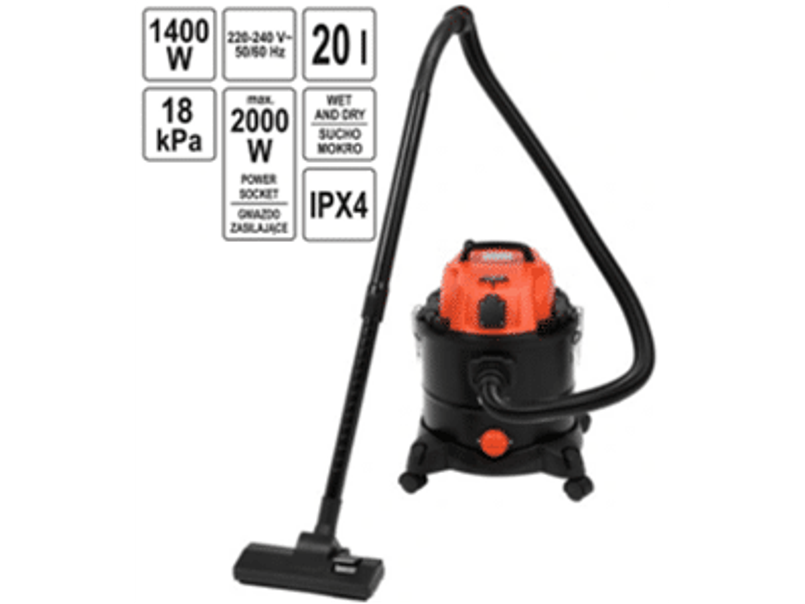 Aspirador de taller YATO con una potencia de 1400W y una potencia de aspiración de 18 kPa
