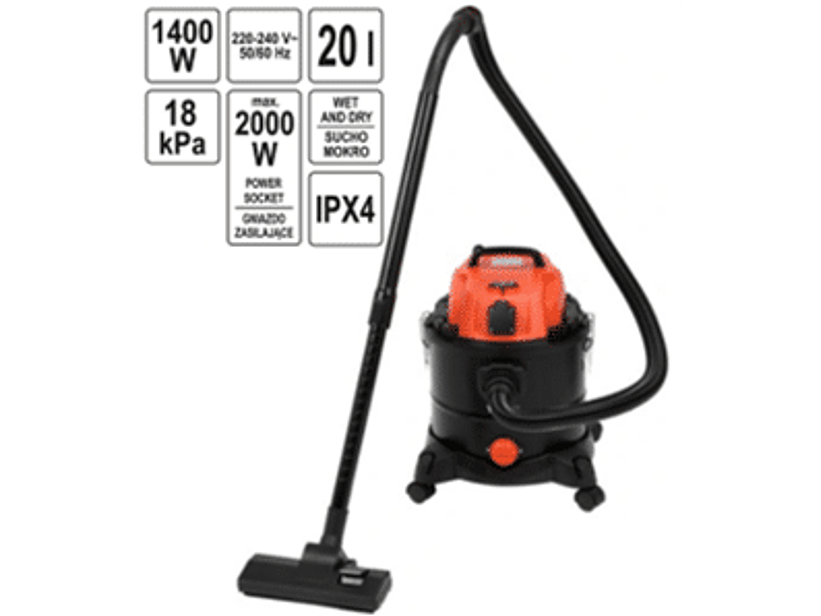 Aspirador de taller YATO con una potencia de 1400W y una potencia de aspiración de 18 kPa