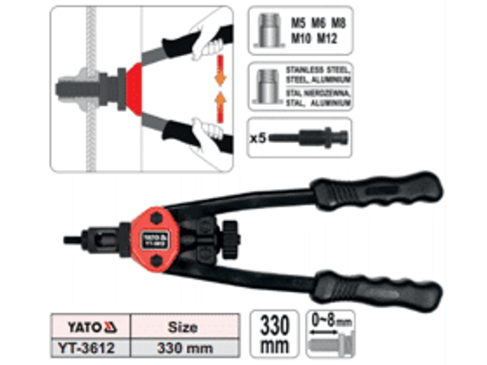 Remachadora manual de tuercas 330 mmL, M5, M6, M8, M10 y M12