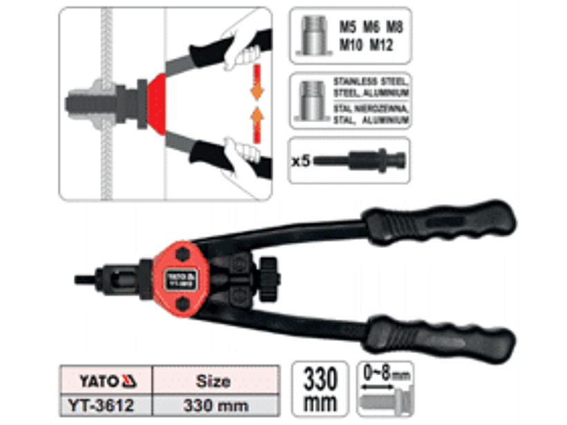 Remachadora manual de tuercas 330 mmL, M5, M6, M8, M10 y M12