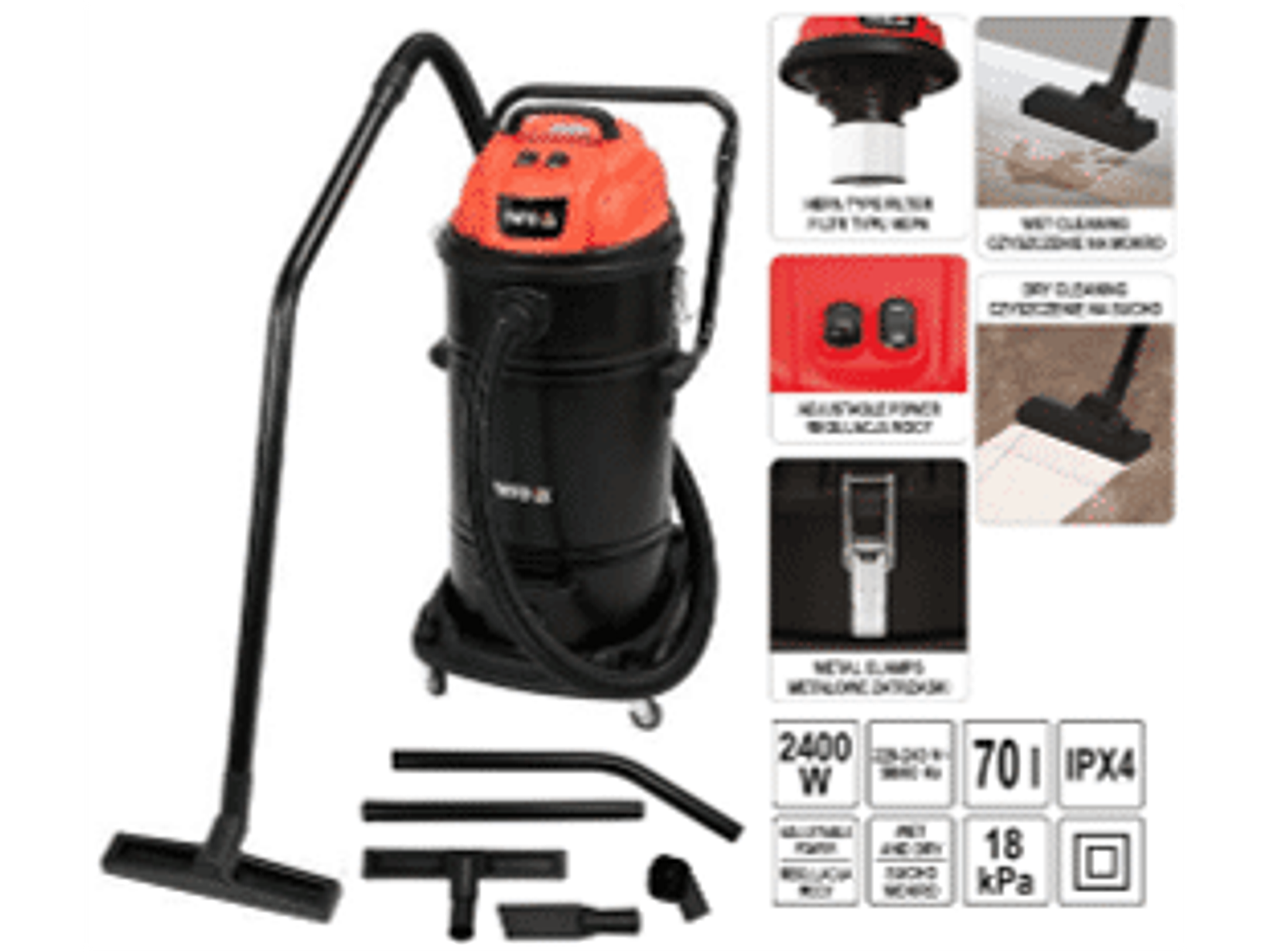 ASPIRADORA SECO-HÚMEDO, 2400 W. 180 MBAR, CAPACIDAD 70 LITROS