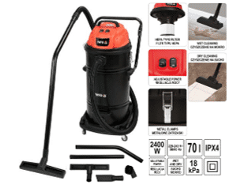 ASPIRADORA SECO-HÚMEDO, 2400 W. 180 MBAR, CAPACIDAD 70 LITROS