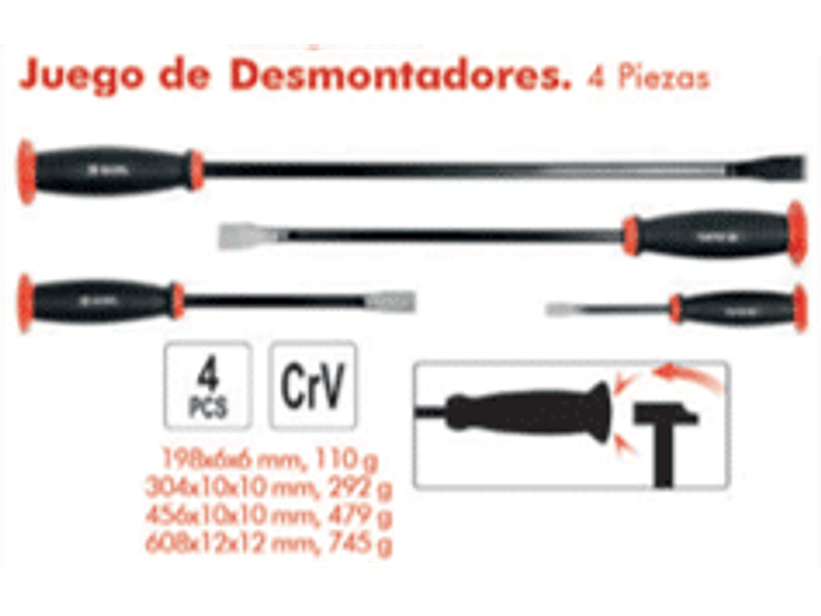 Jgo. Desmontadores de golpe 4pzas. Medidas: 198x6x6mm (110gr.)