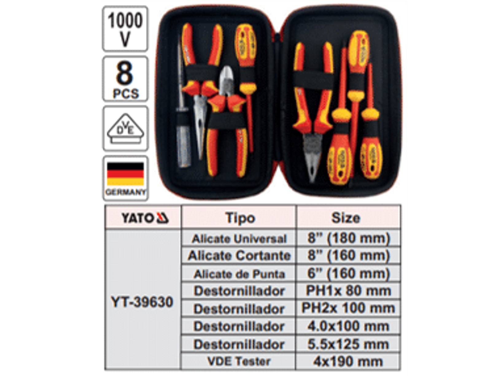 Estuche con herramientas aisladas, 1000 Volts. 8pzas.