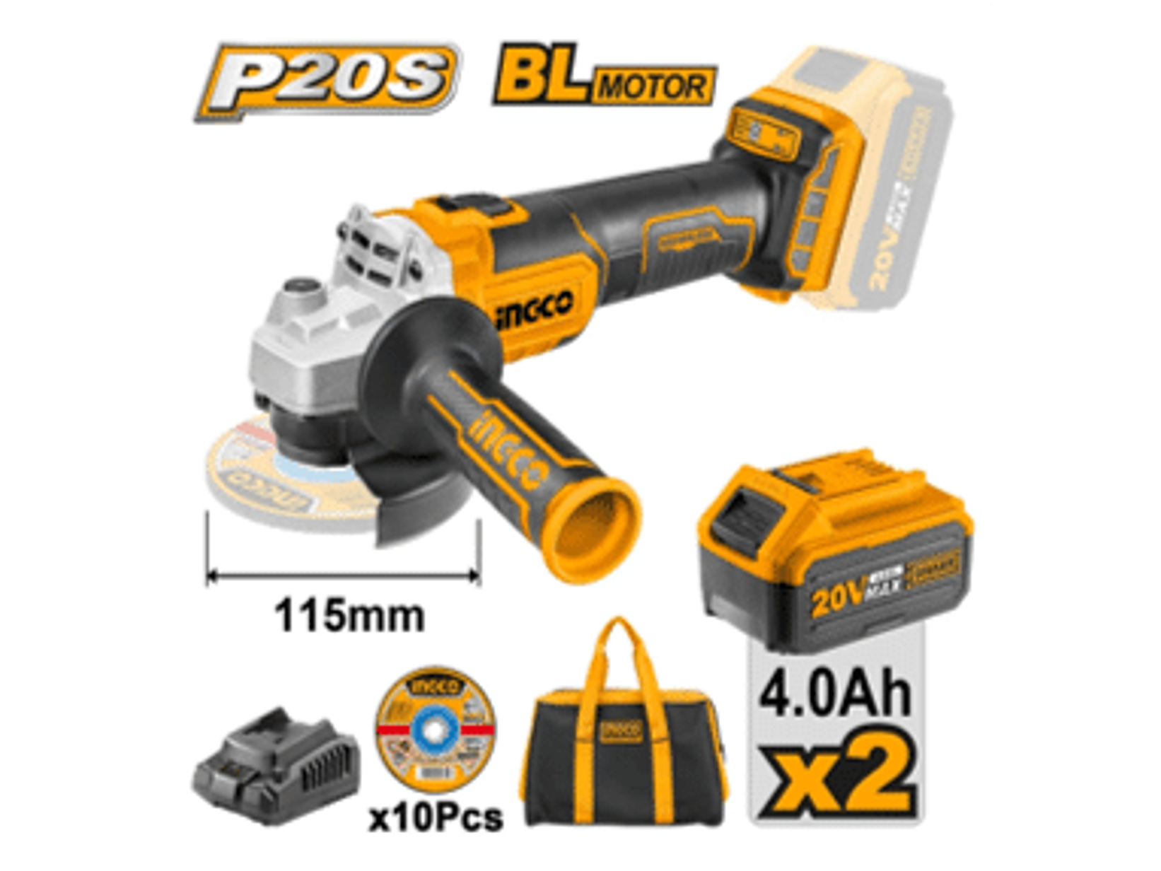 ESMERIL ANGULAR INALAMBRICO 20V 115MM, 2 BATERIAS, 1 CARGADOR, 10 DISCOS Y BOLSO