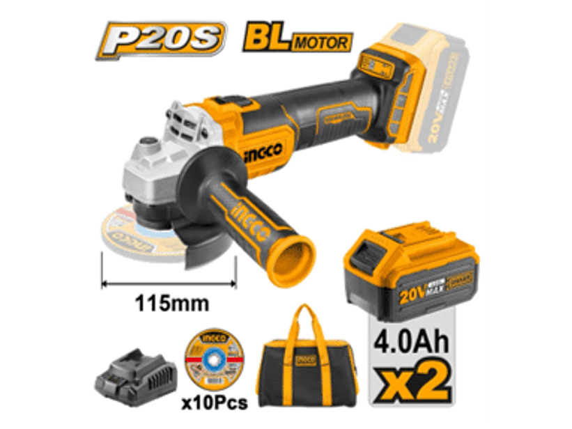 ESMERIL ANGULAR INALAMBRICO 20V 115MM, 2 BATERIAS, 1 CARGADOR, 10 DISCOS Y BOLSO