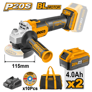 ESMERIL ANGULAR INALAMBRICO 20V 115MM, 2 BATERIAS, 1 CARGADOR, 10 DISCOS Y BOLSO