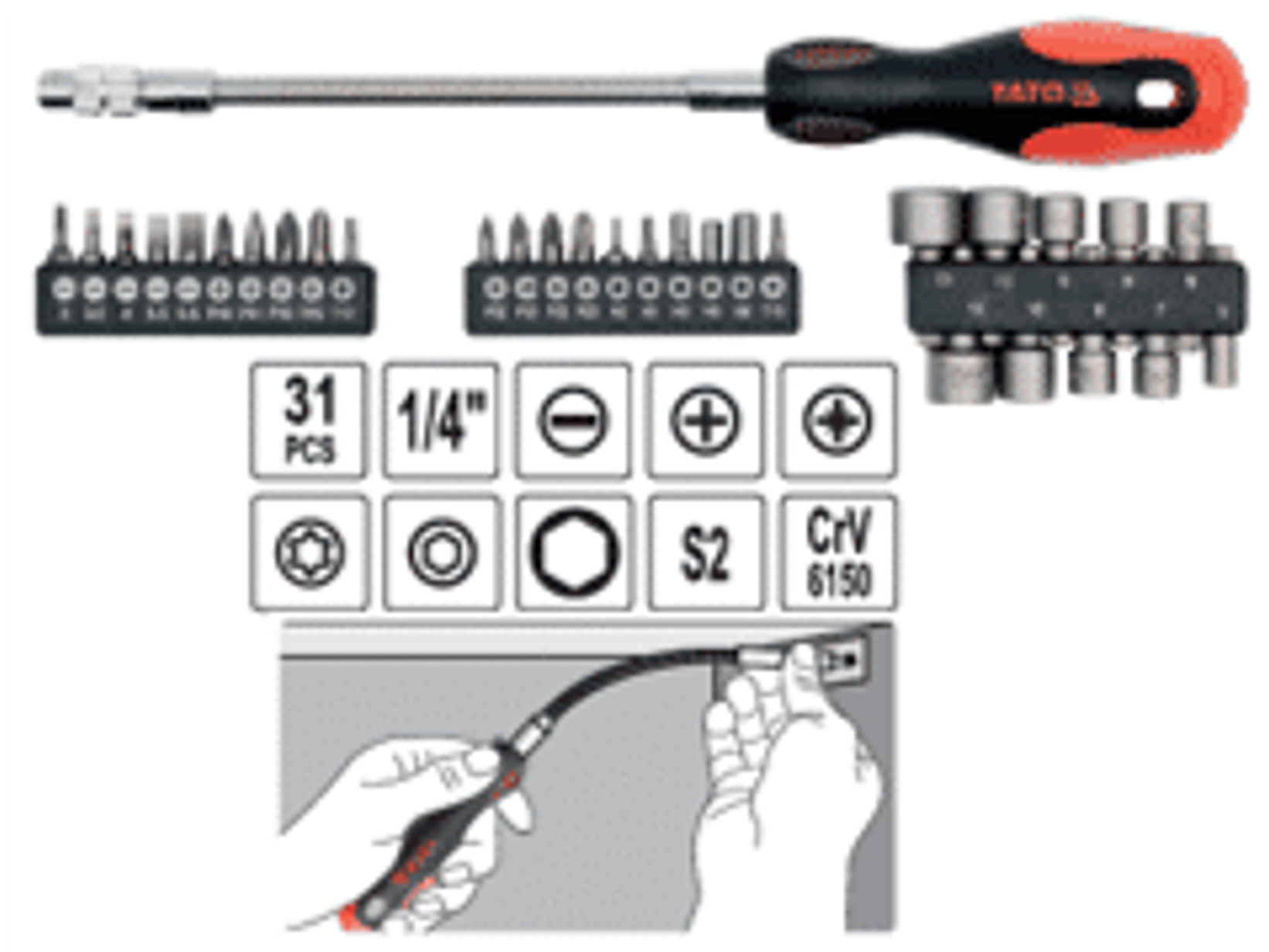 Juedo de destornillador flexible con dado y puntas, 31 pzas