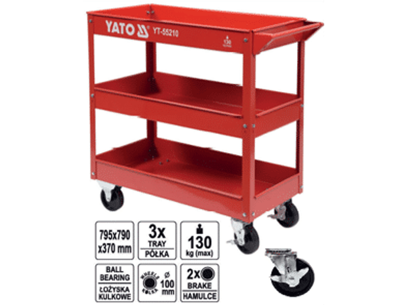 Carro de servicio multiuso metálico, 3 divisiones, c/ruedas y freno.