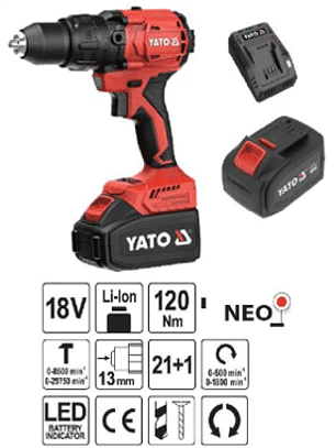 Taladro percutor inalámbrico sin carbones 120Nm 18V. 1 Batería 4Ah + Cargador + Bolsa de Tela