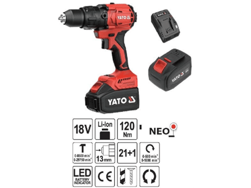 Taladro percutor inalámbrico sin carbones 120Nm 18V. 1 Batería 4Ah + Cargador + Bolsa de Tela