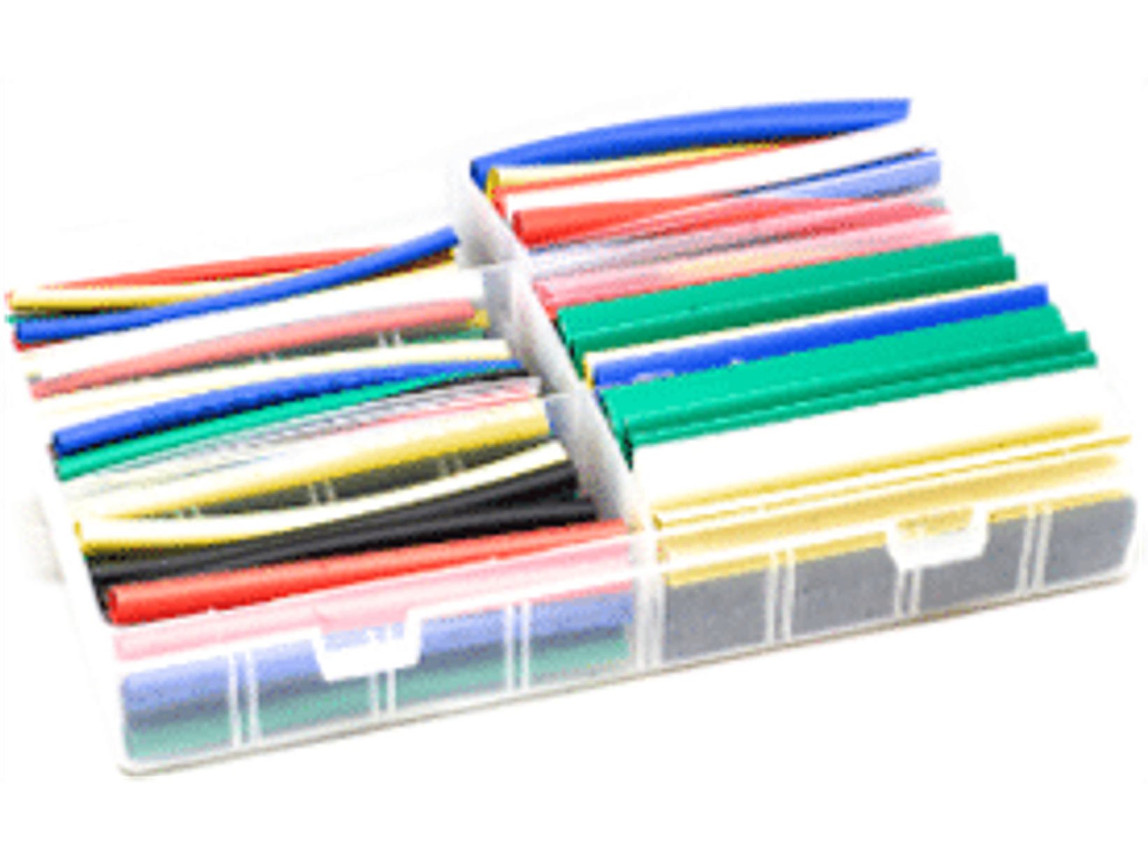 Display surtido de termorretractil en colores. Incluye 196 piezas de 95mm de largo en varios diámetros y siete colores diferentes