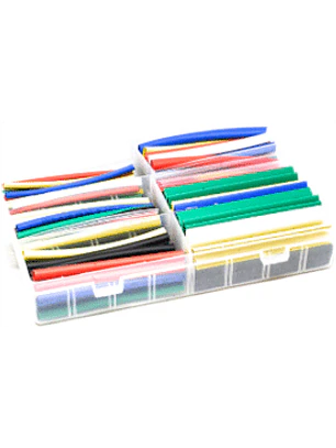 Display surtido de termorretractil en colores. Incluye 196 piezas de 95mm de largo en varios diámetros y siete colores diferentes