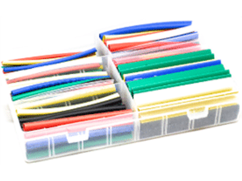 Display surtido de termorretractil en colores. Incluye 196 piezas de 95mm de largo en varios diámetros y siete colores diferentes