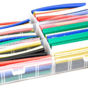 Display surtido de termorretractil en colores. Incluye 196 piezas de 95mm de largo en varios diámetros y siete colores diferentes