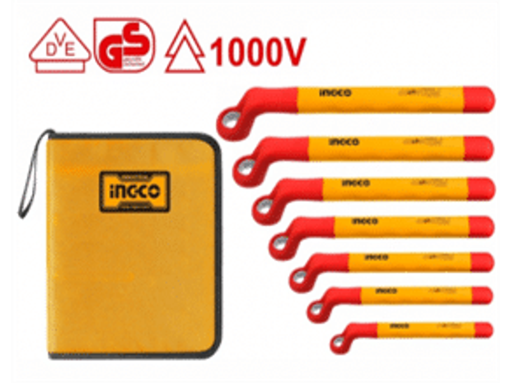 Juego de 7 llaves corona acodadas aisladas 1000 V, certificación VDE / GS Incluye: 8 mm, 10 mm, 12 mm, 13 mm, 14 mm, 17 mm, 19 mm
