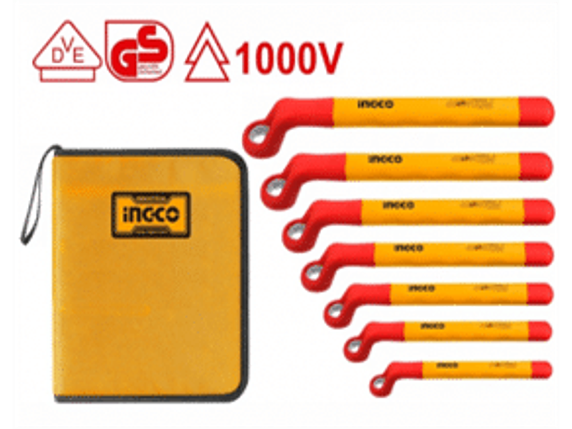 Juego de 7 llaves corona acodadas aisladas 1000 V, certificación VDE / GS Incluye: 8 mm, 10 mm, 12 mm, 13 mm, 14 mm, 17 mm, 19 mm