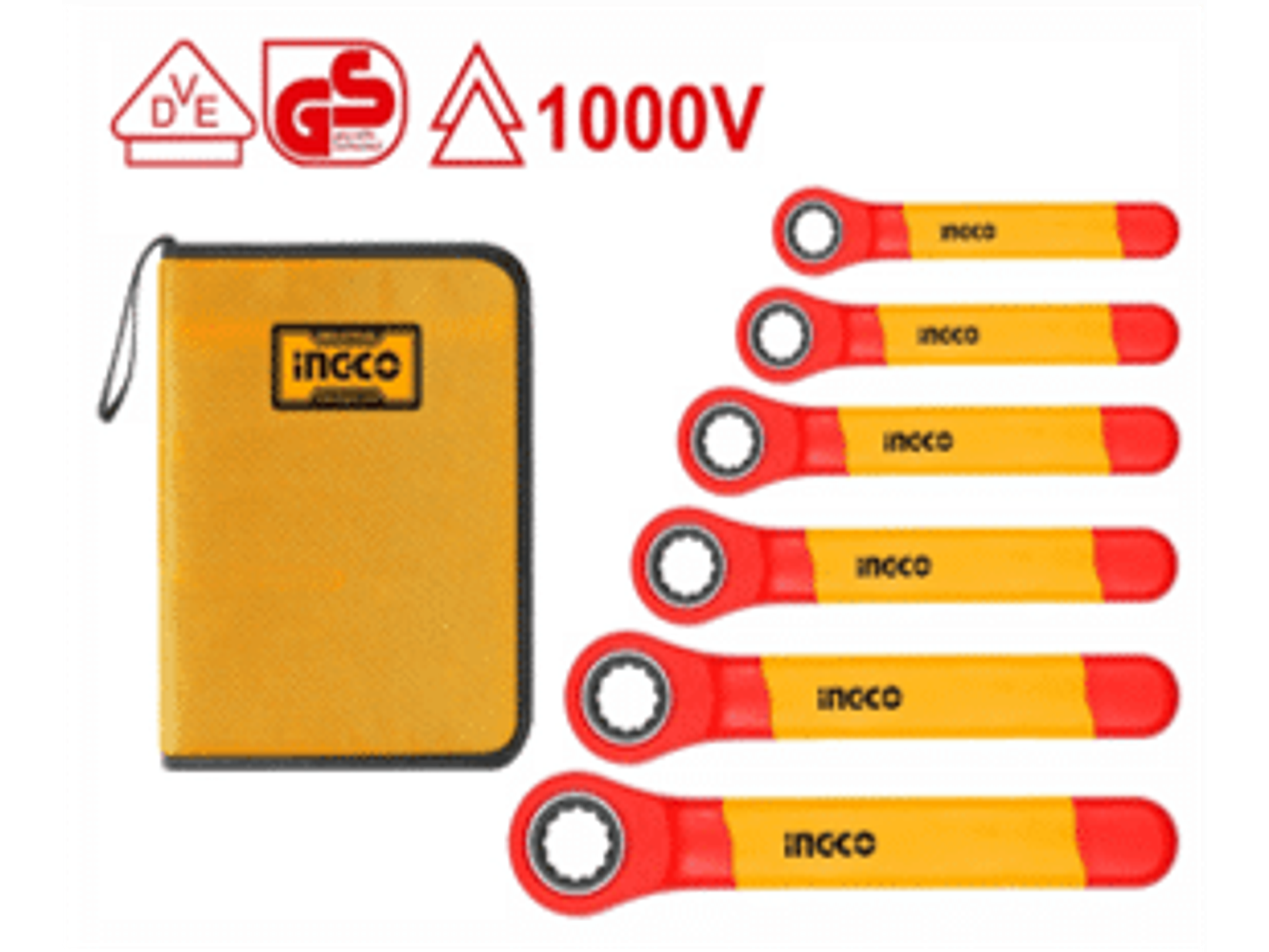 Juego de 6 llaves corona chicharra aisladas 1000 V, certificación VDE / GS Incluye: 10 mm, 12 mm, 14 mm, 15 mm, 17 mm, 19 mm;