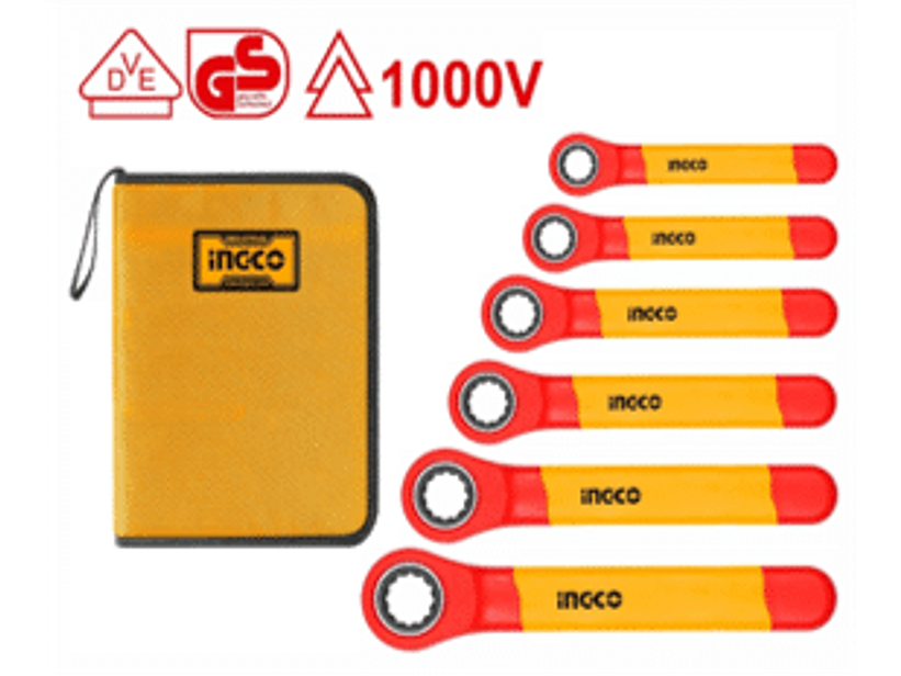 Juego de 6 llaves corona chicharra aisladas 1000 V, certificación VDE / GS Incluye: 10 mm, 12 mm, 14 mm, 15 mm, 17 mm, 19 mm;