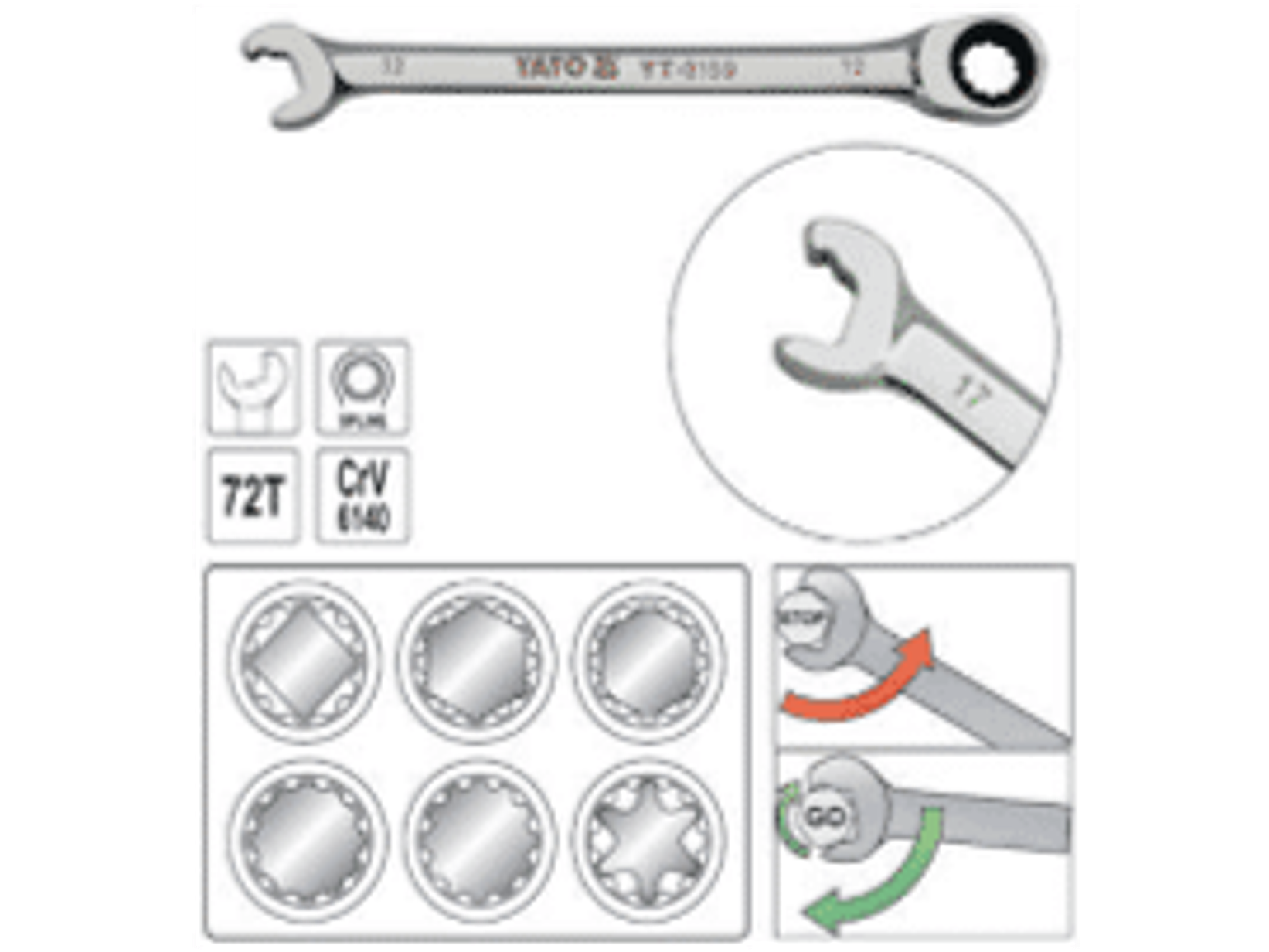 Llave punta rápida corona con chicharra (72 dientes) 14 mm