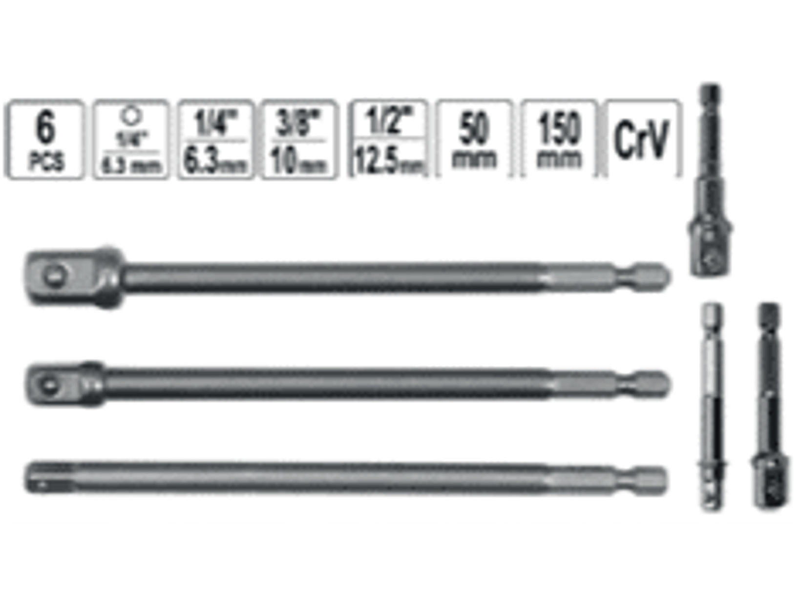JUEGO 6 ADAPTADORES 1/2 - 3/8 - 1/4 50 Y 150MM