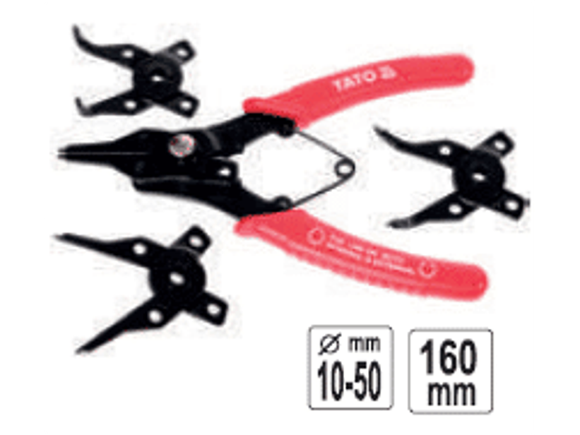 Alicate para seguros con 4 puntas intercambiales (interior y exterior recto e interior y exterior curvo)