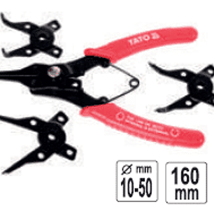 Alicate para seguros con 4 puntas intercambiales (interior y exterior recto e interior y exterior curvo)