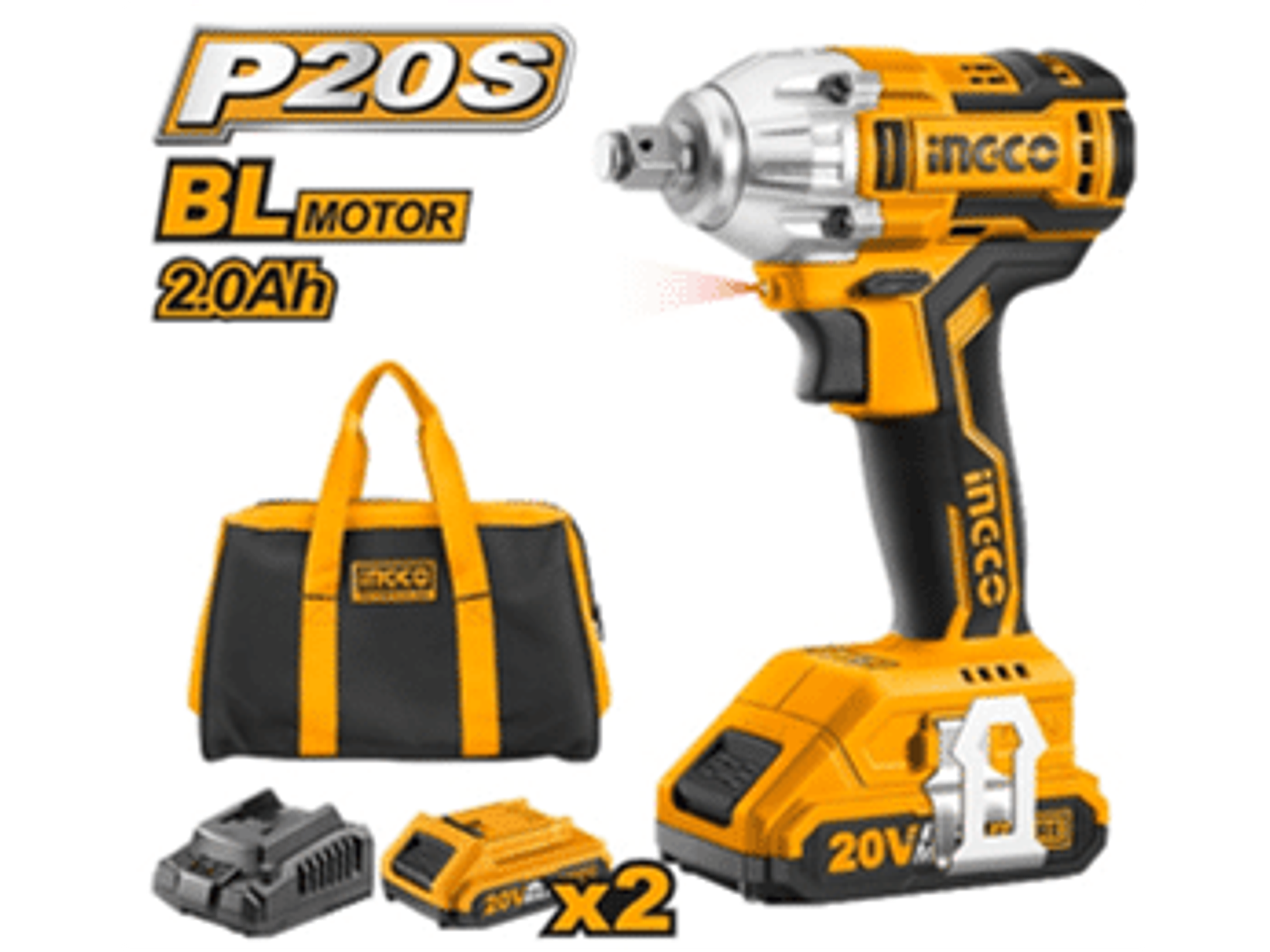 LLAVE IMPACTO INGCO INALAMBRICA 20V - 2 BAT.Y CARGADOR, CUADRANTE DE 1/2