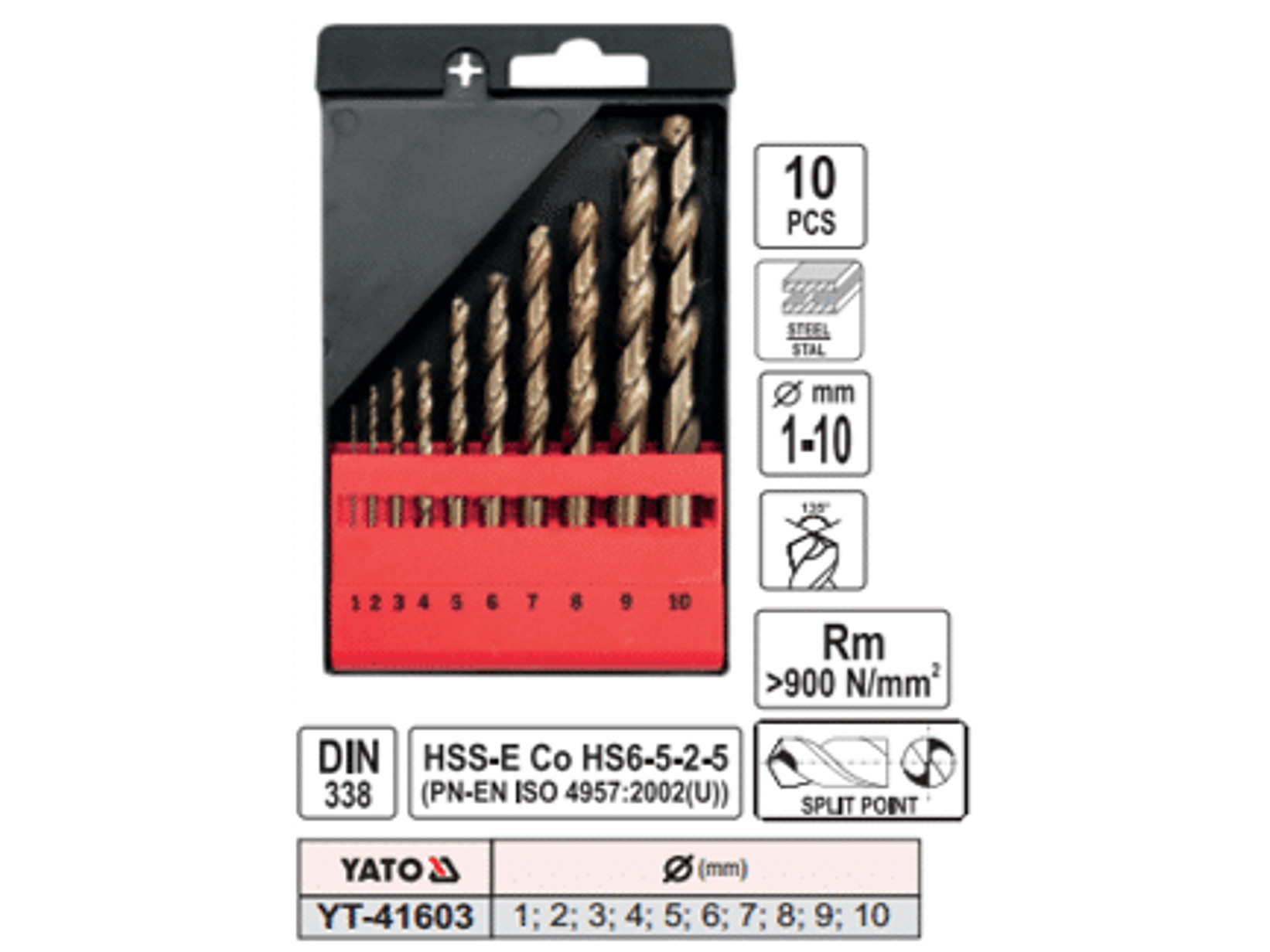 Set de brocas de cobalto helicoidales CO-HSS, 10 piezas, 1,2,3,4,5,6,7,8,9,10 mm