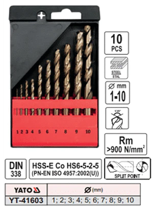Set de brocas de cobalto helicoidales CO-HSS, 10 piezas, 1,2,3,4,5,6,7,8,9,10 mm