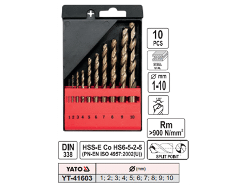 Set de brocas de cobalto helicoidales CO-HSS, 10 piezas, 1,2,3,4,5,6,7,8,9,10 mm