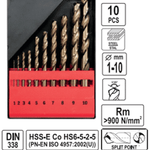 Set de brocas de cobalto helicoidales CO-HSS, 10 piezas, 1,2,3,4,5,6,7,8,9,10 mm
