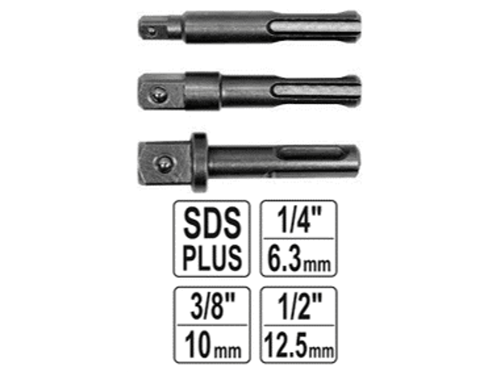 JUEGO DE 3 ADAPTADORES SDS-PLUS PARA CUADRANTES DE 1/4, 3/8, 1/2