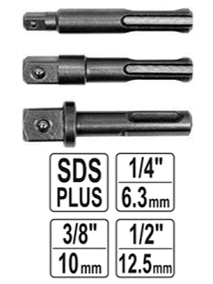 JUEGO DE 3 ADAPTADORES SDS-PLUS PARA CUADRANTES DE 1/4, 3/8, 1/2