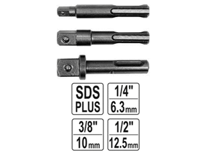 JUEGO DE 3 ADAPTADORES SDS-PLUS PARA CUADRANTES DE 1/4, 3/8, 1/2