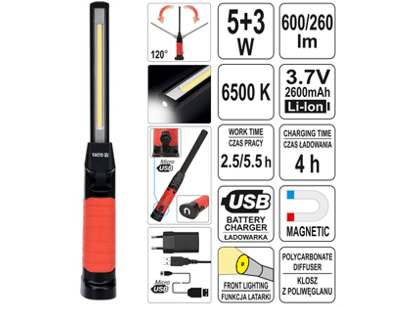 Lámpara de trabajo COB LED funcional de 5W con linterna de 3W en la parte superior