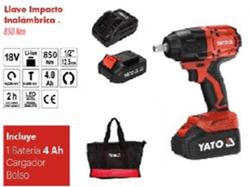 LLAVE DE IMPACTO INALÁMBRICA 18 V. 850NM CUADRANTE DE 1/2