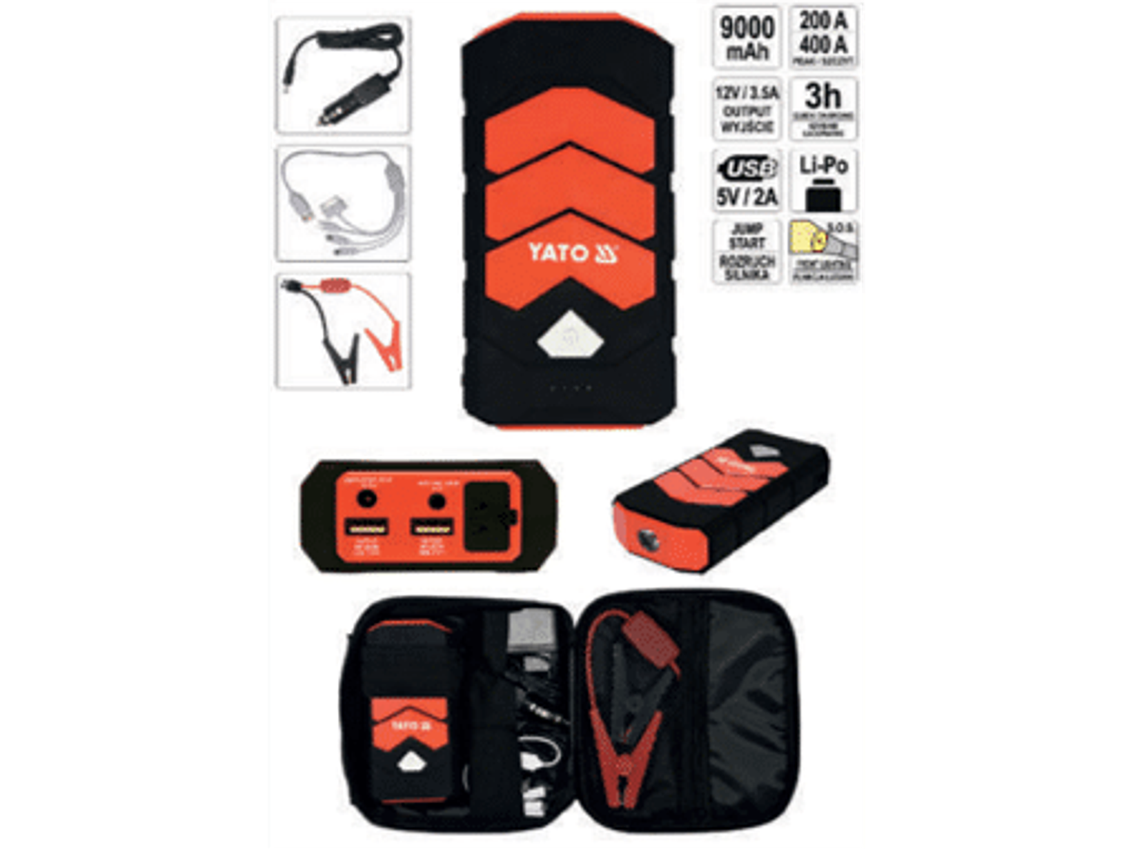CARGADOR PARTIDOR COMPACTO 9000MAH PARA ARRANQUE DE AUTOMOVILES Y ALIMENTACION DE DISPOSITIVOS PORTATILES