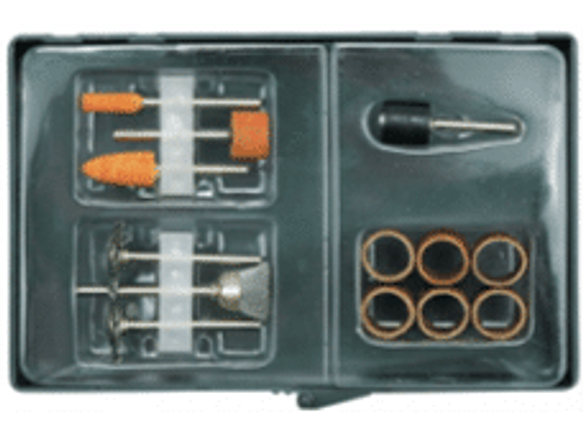 Juego de 13 accesorios para completar el equipamiento básico de una amoladora recta. Permite un trabajo rápido, fácil y económico