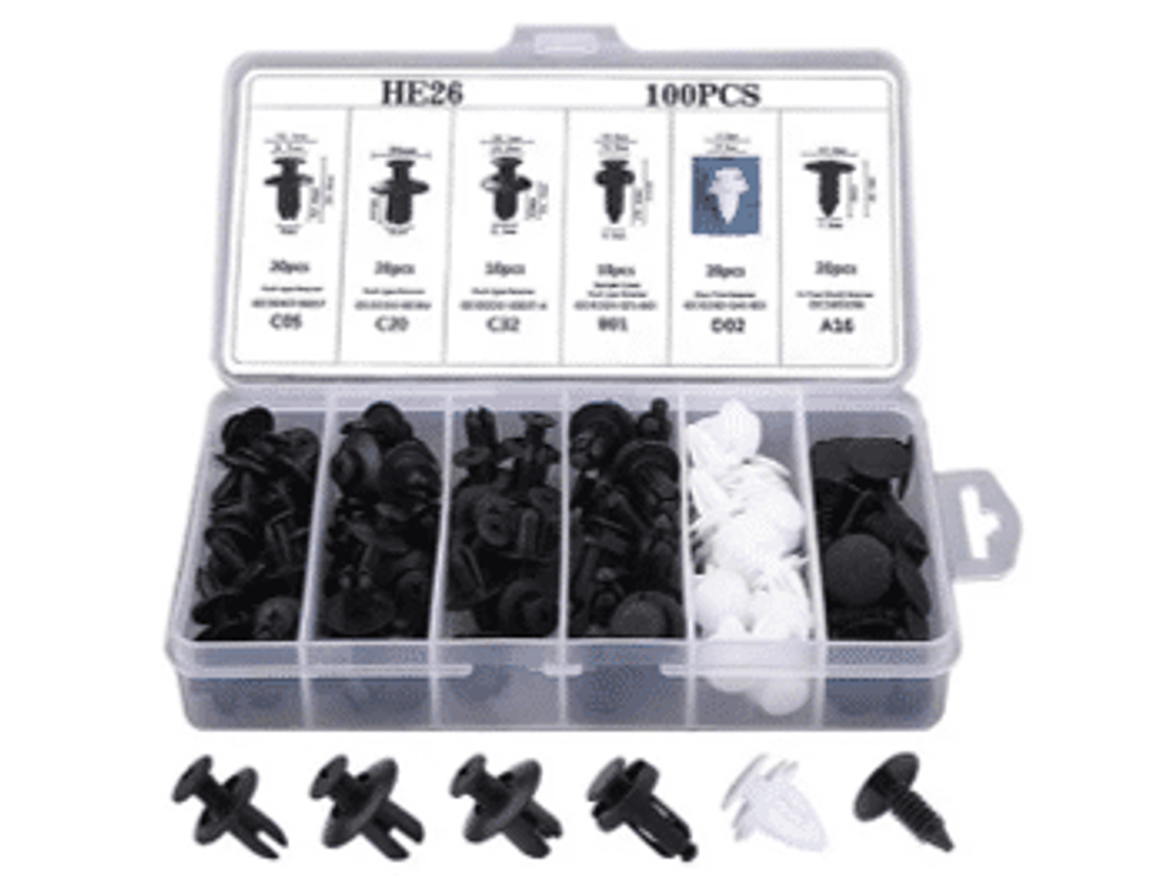 DISPLAY DE 100 UNIDADES CLIP BROCHES PARA REPARACIÓN Y AJUSTE DE PLÁSTICOS DE PUERTAS, MALETERO, PARACHOQUES