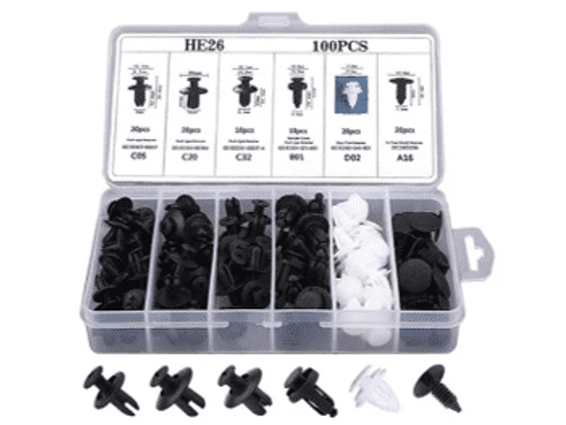 DISPLAY DE 100 UNIDADES CLIP BROCHES PARA REPARACIÓN Y AJUSTE DE PLÁSTICOS DE PUERTAS, MALETERO, PARACHOQUES