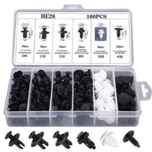 DISPLAY DE 100 UNIDADES CLIP BROCHES PARA REPARACIÓN Y AJUSTE DE PLÁSTICOS DE PUERTAS, MALETERO, PARACHOQUES