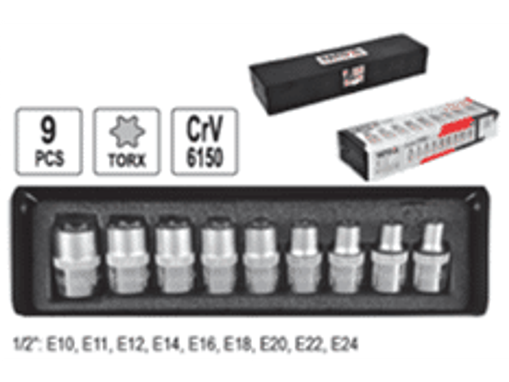 Jgo. Dados Torx Hembra (Estrella) std. caja metálica 1/2
