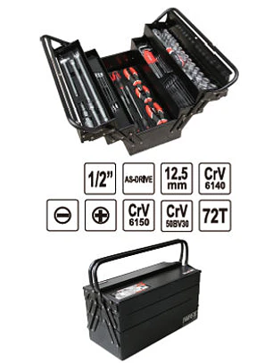 Caja con herramientas metálica, plegable, incluye juego de llaves, destornilladores, dados, alicates, entre otros