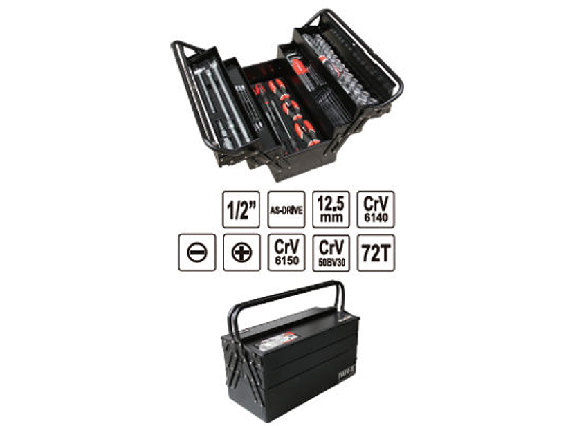 Caja con herramientas metálica, plegable, incluye juego de llaves, destornilladores, dados, alicates, entre otros