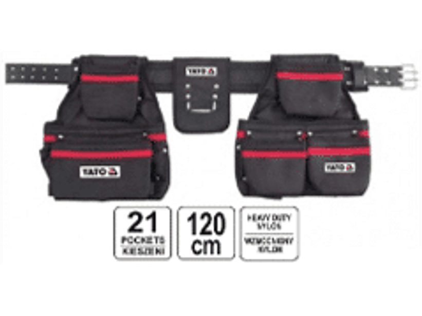 Cinturón de cuero de vacuno, con estuches porta herramientas, clavos, tornillos y otros pequeños elementos durante los trabajos de montaje